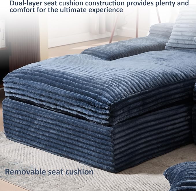 Modern Cloud Sectional Couch with L-Shape Chaise Modular Boneless Sofa with Deep Seat Comfy Plush Upholstered Couches for Living Room Apartment No Assembly Required Corduroy Blue