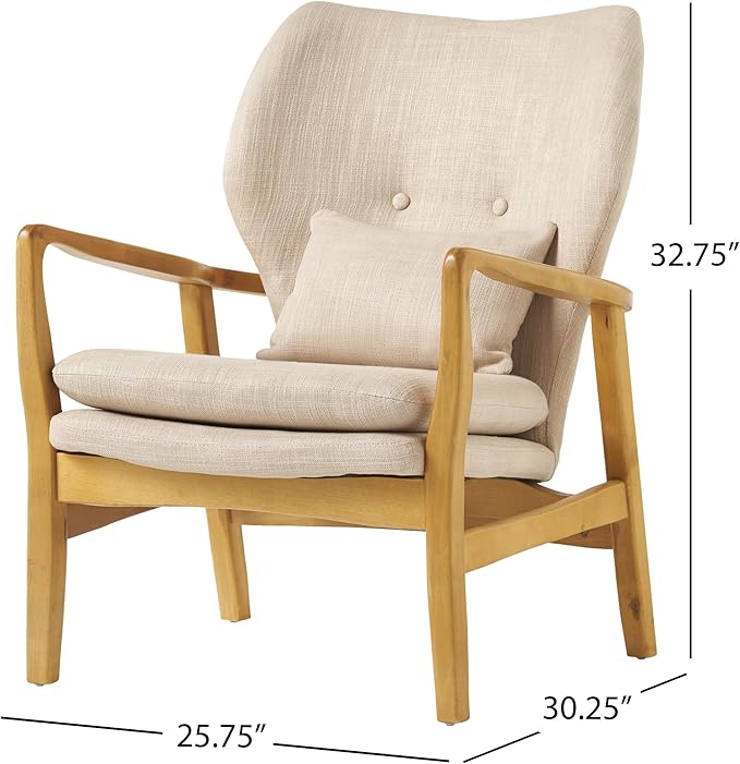 Mid-Century Accent Chairs Modern Upholstered Living Room Chair Cozy Armchair Button Tufted Back and Wood Legs for Bedroom/Office/Cafe/Living Room (Beige)