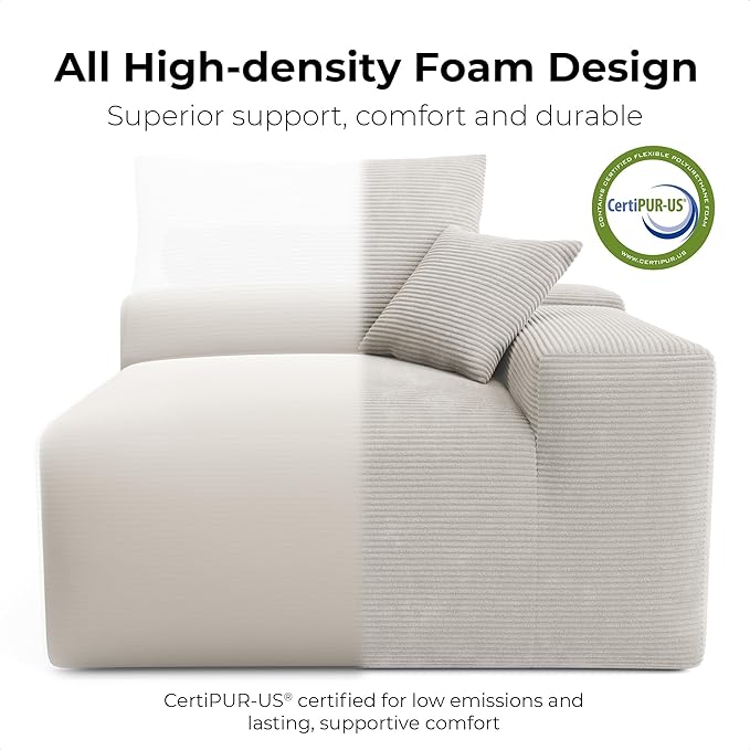 LIKIMIO Modular Sectional Sofa with Ottoman 120 Oversized Deep Seat Boneless Couch Corduroy Upholstery No Assembly Required Modern L-Shaped Living Room Sofa Greige