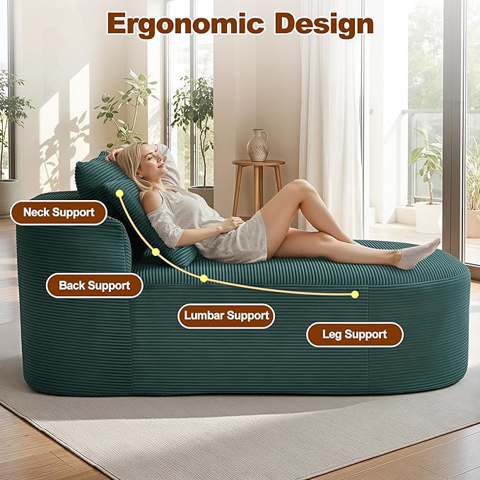 Chaise Lounge Chair Indoor 67.5 Oversized Boneless Couch Could Comfy Upholstered Sleeper Sofa Bed Corduroy Plush Modern Curved Floor Sofas Chair with 2 Pillows for Readng Living Room Bedroom Apartment
