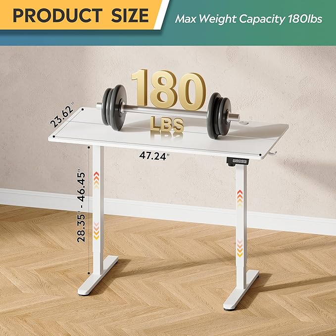 DEVAISE 48 Inch Electric Standing Desk 3 Adjustable Height Stand up Desk for Home Office Ergonomic Sit to Stand Desk with LED TouchscreenHeadphone Hook 3 Memory Preset Computer Desk (White)