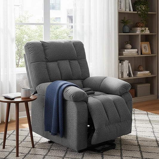 HealSmart Power Lift Recliner Chair with Massage &amp Heat Overstuffed Fabric Reclining Chair with Remote Side Pockets for Living Room &amp Bedroom Grey