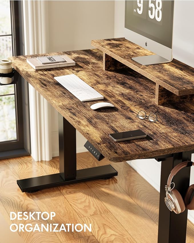 FLEXISPOT Standing Desk with Monitor Stand 48 x 24 Inches One-Piece Electric Height Adjustable Computer Desk with Cup Holder for Home Office Rustic