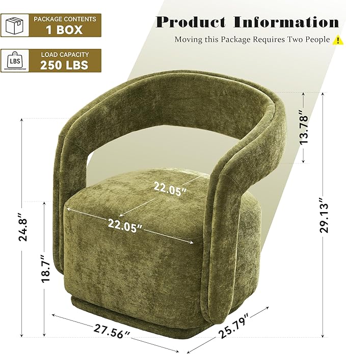 FOXHUNTER Swivel Accent ChairModern Upholstered Barrel ChairOversized Round Accent Armchair with Open BackWooden Base for Living RoomChenil Green