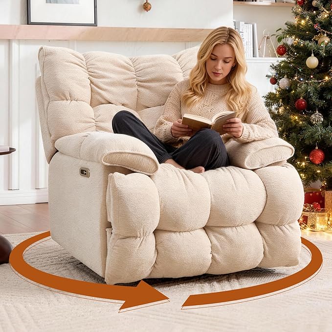 Oversized Swivel Power Rocker ReclinerElectric Recliner Chairs for AdultsExtra Wide Seat ReclinersUpholstered Nursery Reclining Glider ChairSwivel Chairs for Living RoomBeige