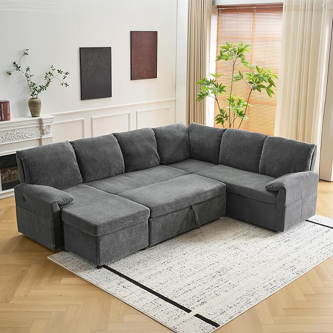 VINGLI Convertible Sofa Bed Couches for Living Room Sleeper Sofa with Pull Out Couch Bed Cloud-Like Plush Fleece U-Shape Sectional Couch with Storage Chaise USB Charging Side Pockets