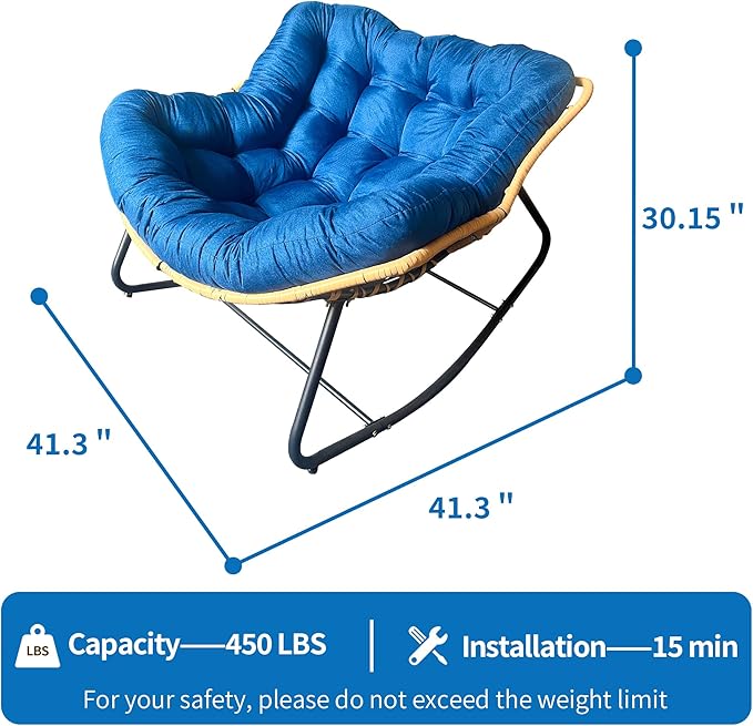Outdoor Rocking Chair Patio Egg Rocking Chair Indoor Papasan Chair Rattan Wicker Lounge Chair Modern Royal Chair for Bedroom Living Room Porch GardenLawn-Beige (Blue)