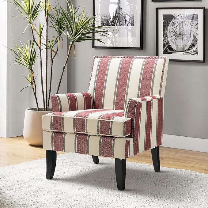 HULALA HOME Modern Accent Chair for Living Room Upholstered Fabric Single Sofa Chair Wingback Armchair with Wooden Legs for Bedroom Office Reading or Waiting Room Stripe Red