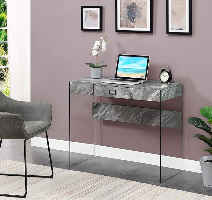 Convenience Concepts SoHo 1 Drawer Glass 36 inch Desk Gray Faux Marble/Glass