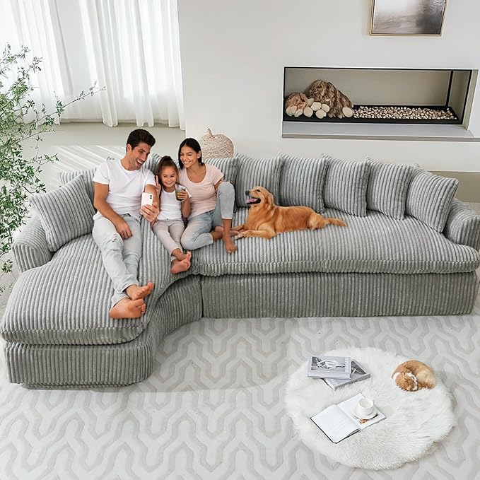 129'' Modern Sectional Sofa4-5 Seater Upholstered Couches with 10 CushionsHigh Density Sponges Cloud Couch L-Shape Left SofaCorduroy Sponge Sofa for Living RoomNo Assembly Required(Gray)