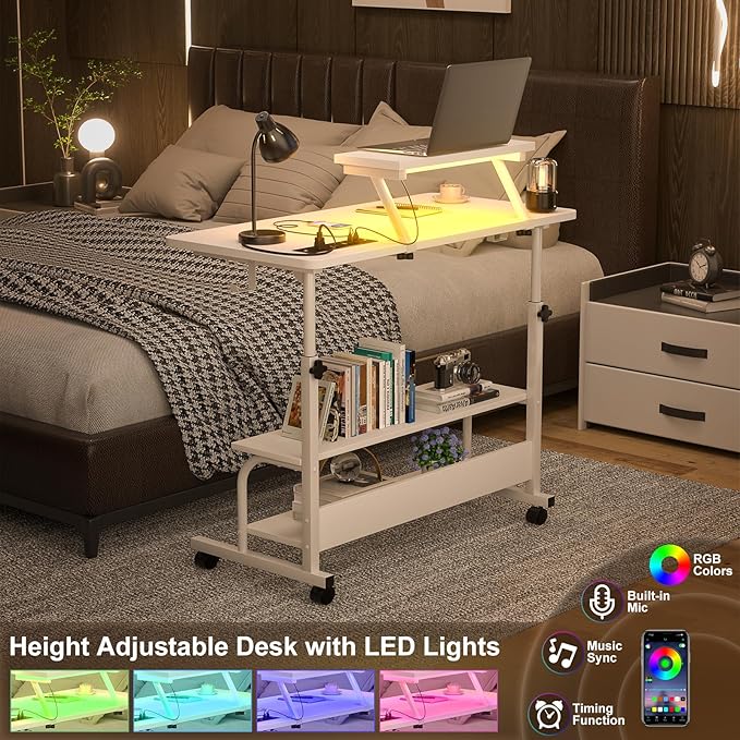 Height Adjustable Standing Desk with Power Outlets and LED Lights - 32 Manual Stand Up Desk with Monitor Stand and Storage Shelves Small Mobile Rolling Computer Desk Portable Laptop Table White