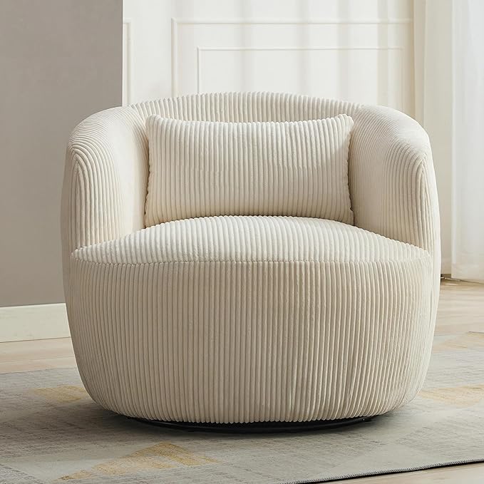 34.25 Swivel Barrel Chair Round Accent Barrel Chair Modern Wide Armchair Upholstered Corduroy Lounge Comfortable Sitting Single Seat Rotating Base for Living Room Office Chair Ivory