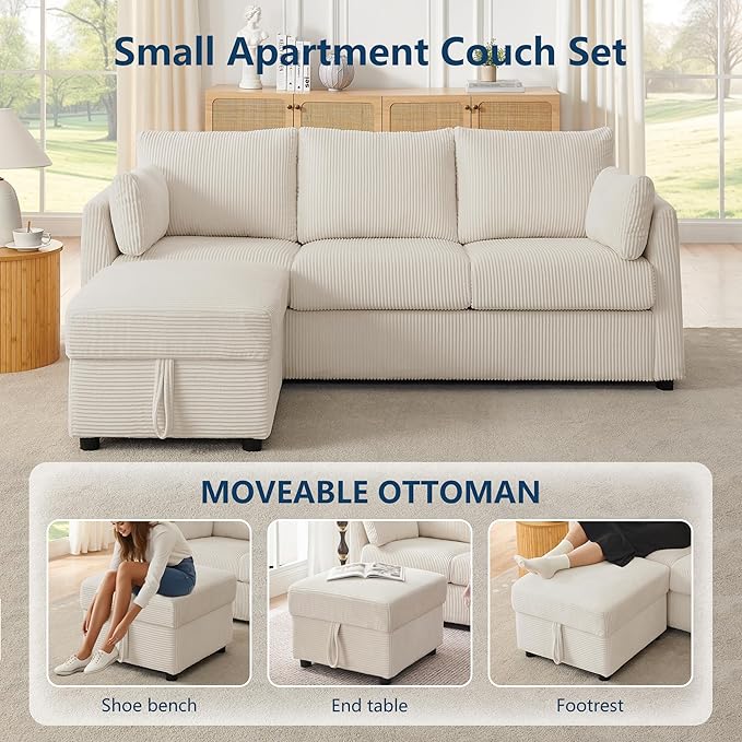 79 Small Couches with Storage Ottoman 3 Seat L Shaped Couch Sectional Sofa with Chaise Lounge for ApartmentDormBonus RoomCompact Spaces. (Beige 3+OTT)