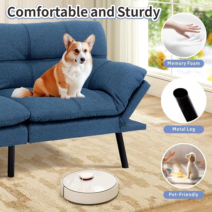 MUUEGM Futon Sofa Bed Memory Foam Navy Blue Futons Modern Office Couch Sleeper Bed Convertible Love seat Sofa for Small SpacesApartmentOffice with Adjustable Armrest Backrest