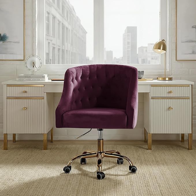 Velvet Office Chair with Gold Base Modern Cute Desk Chair Comfortable Adjustable Swivel Task Chair for Home Office Living Room Bedroom Vanity Study