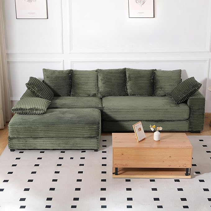 108.6 Corduroy Modular Sectional Sofa with Ottoman &amp Storage Modern Deep-Seat L-Shaped Sectional with 8 Pillows Cloud-Like Couch for Living Room Office &amp Apartment Green