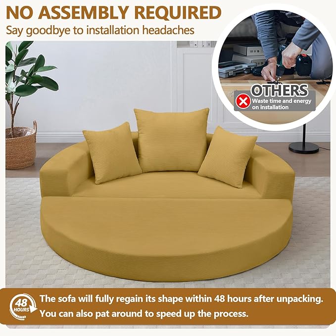 67'' Circular Convertible Compressed Sofa Bed Yellow Corduroy Floor Lounge Round Boneless Couch Loveseat Sleeper Sofa Couch with 3 Cushions No Assembly for Apartment Bedroom