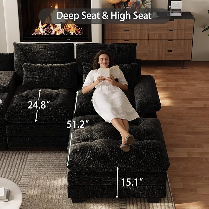134U Shaped Sectional Couches for Living Room Oversized Modular Sectional Fluffy Couch with 2 Ottoman &amp Storage ConsoleModern 6 Seat Living Room Sofa with Glitter FabricTufted Buttons Black