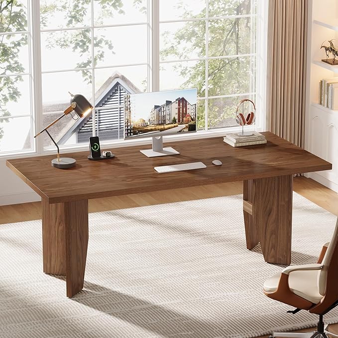 Tribesigns 63-Inch Executive Desk Mid-Century Modern Office Desk with Sturdy Legs Large Wooden Computer Desk Business Workstation for Home Office Brown