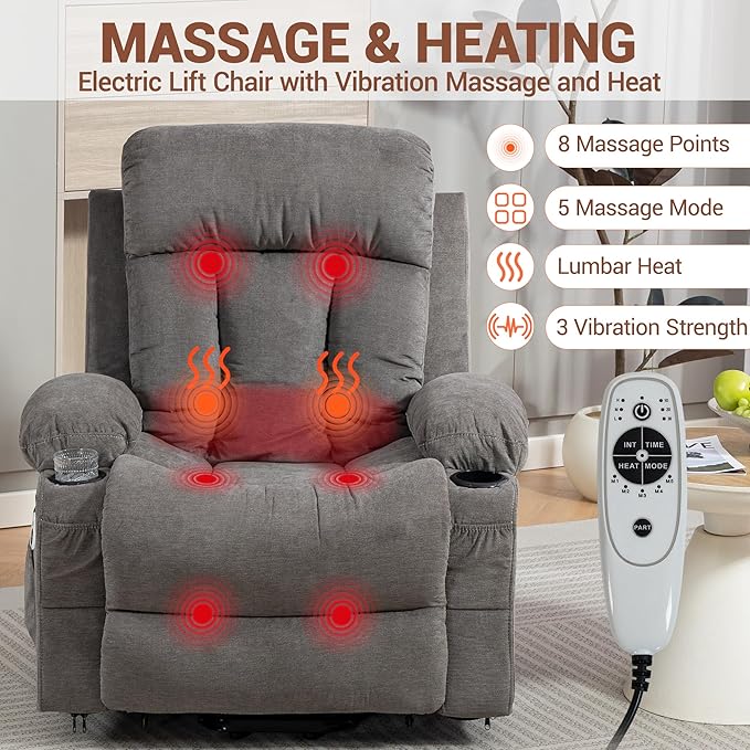 Power Lift Recliner Massage Chair - for Elderly People w/Vibration Massage and Lumbar Heat Recliner Chair Sofa for Adult w/Cup Holder USB Charge Port for Living Room Bedroom Grey