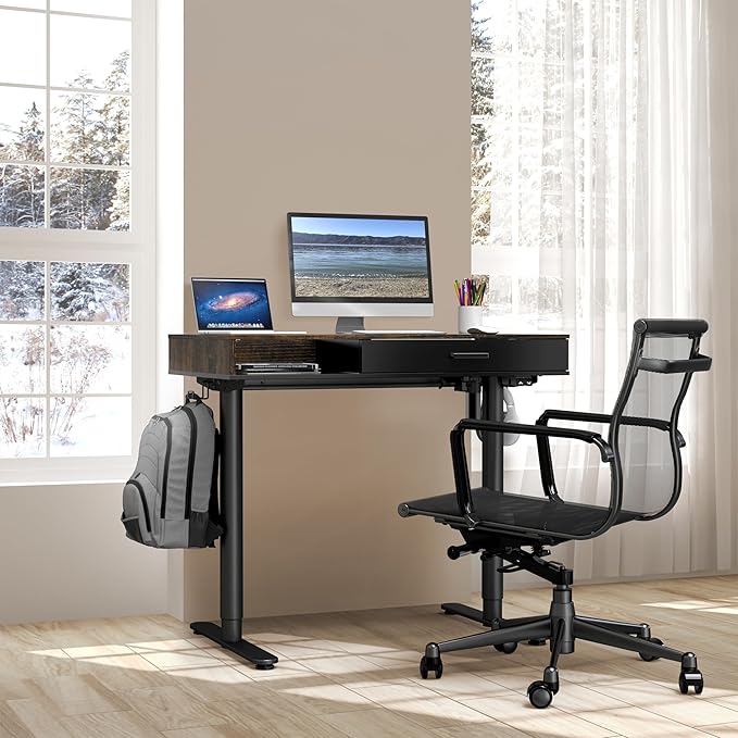 SHW 40-Inch Height Adjustable Claire Electric Standing Desk with Drawer Rustic Brown