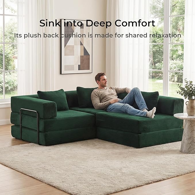 WELAX 118 Convertible Sectional Sofa 3-Seater Futon Modular Sleeper Sofas Bed with 3 Pillows Corduroy Boneless Cloud Couches for Living Room No Assembly Floor Couch for Bedroom Green