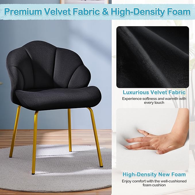 Yaheetech Vanity Chair Velvet Accent Chair with Shell-Shaped Backrest Modern Armchair with Gold Metal Legs for Dressing Room/Bedroom/Living Room Black