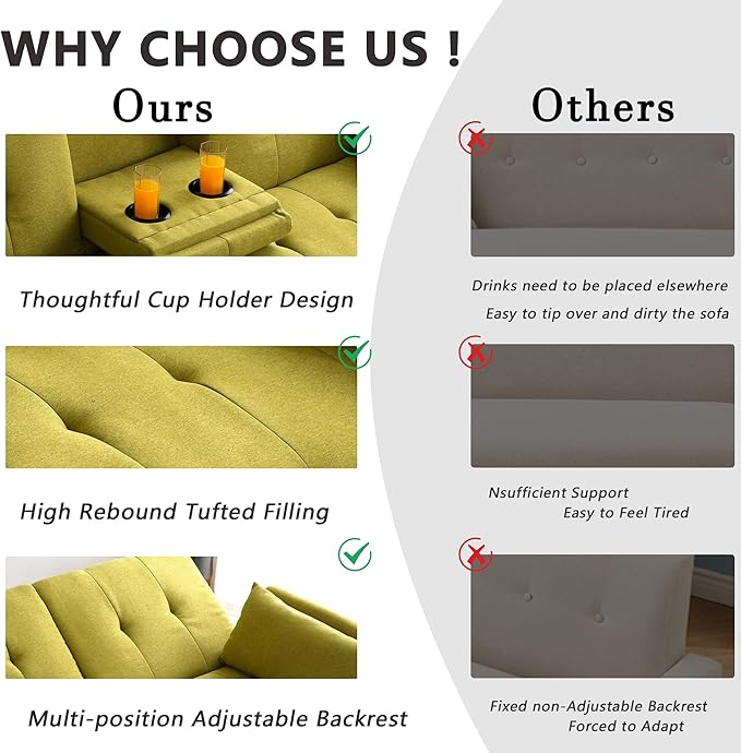 70 Futon Sofa with CupholdersAdjustable Backrest Cotton Linen with Cup Holders and 2 Throw Pillows Sleeper Sofa for Living Room Apartment Small Space (Grass Green)