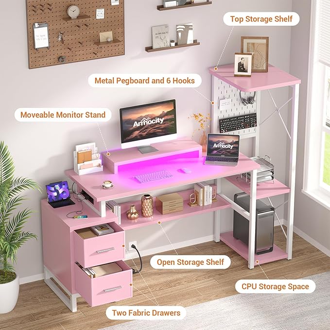 Computer Desk with 2 Fabric Drawers - Reversible Home Office Desk with Power Outlet &amp LED Lights 53 Writing Desk with Monitor Stand &amp Storage Shelves Gaming Desk Study Table with Pegboard