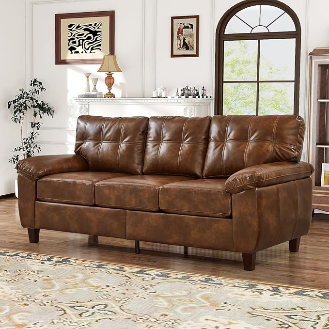 79 W Faux Leather Sofa Couch with Hidden Storage &amp Tufted Backrest Upholstered Mid Century Modern Couch Deep Seat Comfy Chesterfield Sofa for Living Room Bedroom Office(3 Seater Brown)
