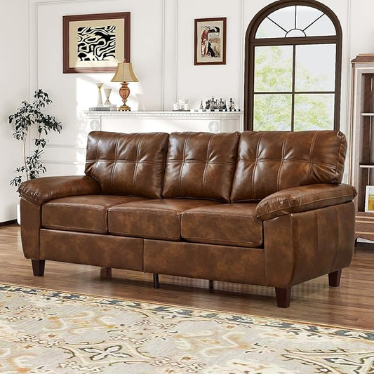 79 W Faux Leather Sofa Couch with Hidden Storage &amp Tufted Backrest Upholstered Mid Century Modern Couch Deep Seat Comfy Chesterfield Sofa for Living Room Bedroom Office(3 Seater Brown)