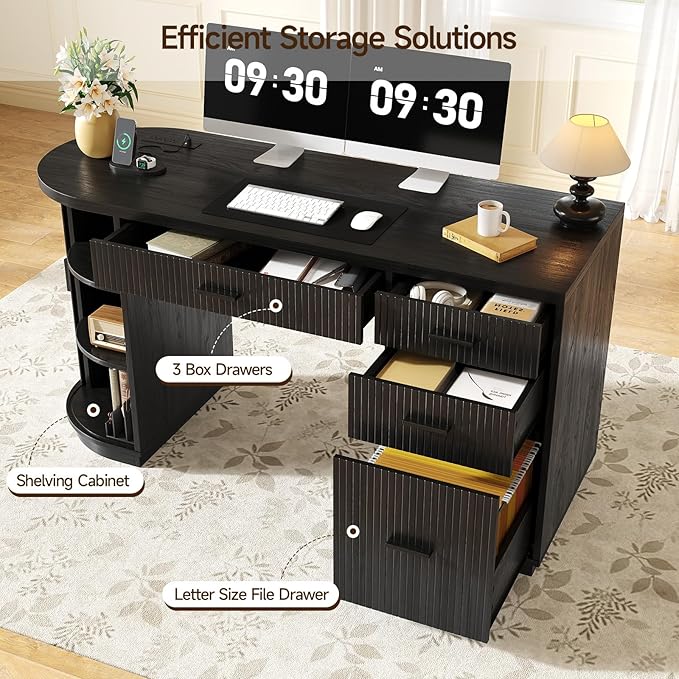 ONBRILL 58 Inch Fluted Executive Desk Computer Desk with Storage Drawers &amp File Drawer Modern Home Office Desk with Charging Station for Working Studying Writing Black