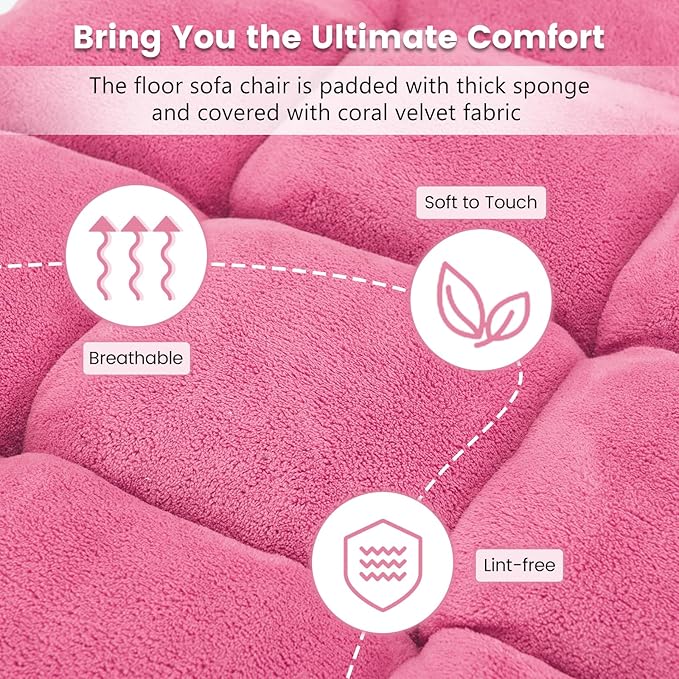 Moccha 14-Position Floor Chair Folding Sofa Chair with Back Support Memory Foam Floor Gaming Chairs for Adults Adjustable Padded Couch Recliner Sleeper Bed for Reading Meditating Pink