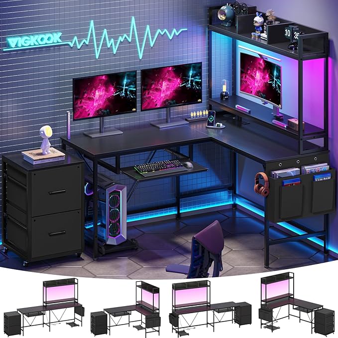 L Shaped Gaming Desk with Shelves 55in Reversible Home Office Desks with Power Outlet RGB Led Strip Movable File Cabinet Keyboard Tray 2 Drawers (Black)