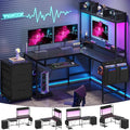 L Shaped Gaming Desk with Shelves 55in Reversible Home Office Desks with Power Outlet RGB Led Strip Movable File Cabinet Keyboard Tray 2 Drawers (Black)