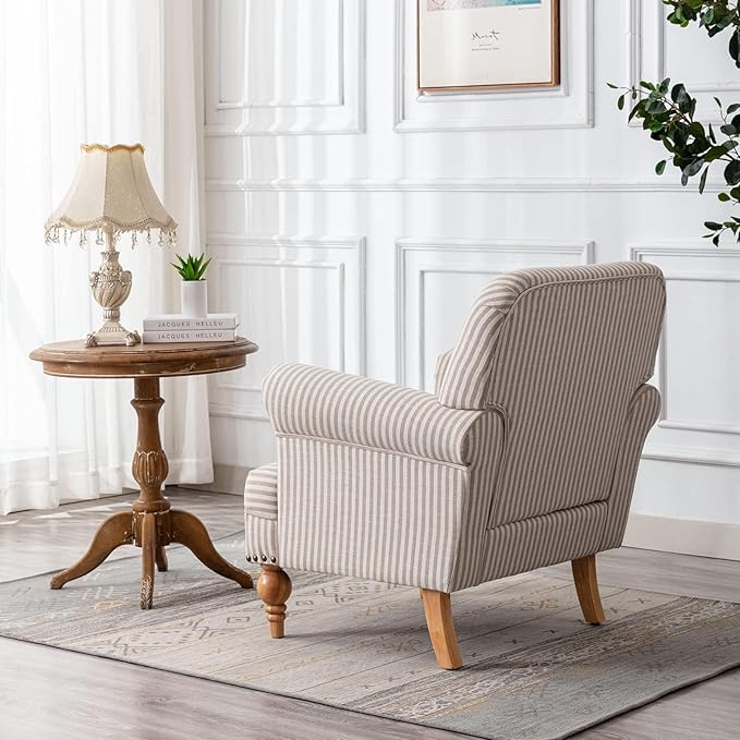 chairus Linen Accent Chair for Living Room Upholstered Mid Century Modern Single Sofa Chair with Solid Wood Legs Comfy Reading Chair Armchair for Bedroom/Office Room/Recption/Lounge Khaki Stripe