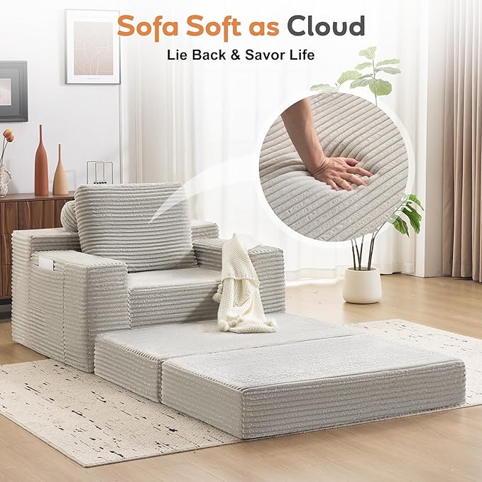 72.8 Convertible Chaise Lounge Sofa Bed Corduroy Sleeper Boneless Couch with Removable Pillow &amp Movable Table Tray Deep Seat No-Assembly Sofa for Living Room Bedroom Apartment Grey