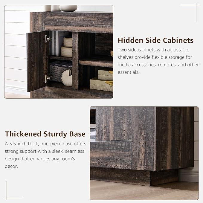 OKD Modern 70 TV Stand Entertainment Center for TVs Up to 80 Media Console with Large Open Storage &amp Side Cabinets Thick Wood Design for Living Room Dark Rustic Oak