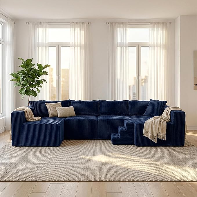 Claiks 128 Modular U Shaped Boneless Couch Deep Seat Bonless Couches for Living Room Modern Couch with Pet Stairs No Assembly Required Blue
