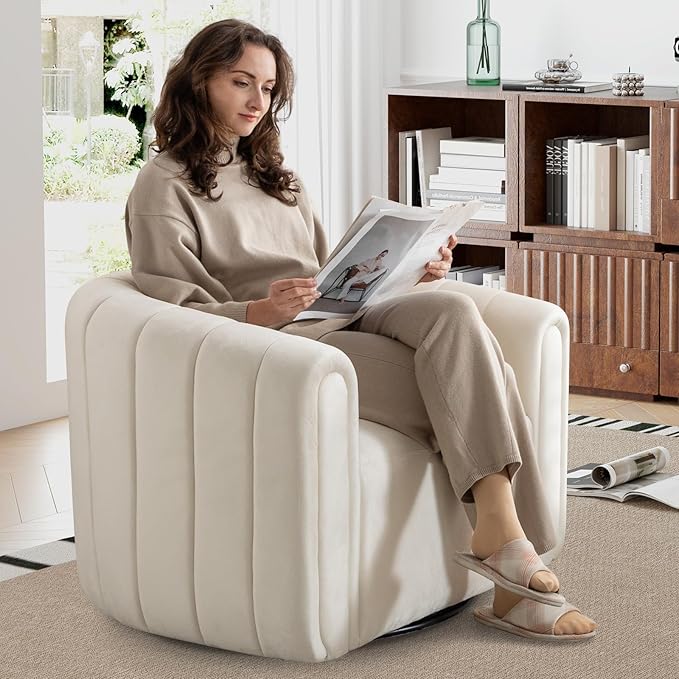 ANJ Swivel Accent ChairVelvet Barrel Chair for Living RoomComfy Modern ArmchairCompletely Assembled(Beige)