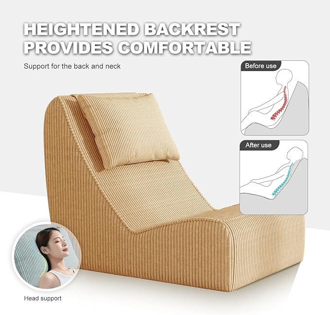 Giant Bean Bag Chair for AdultsCorduroy Chaise Lounge with Unrivaled Back Support Detachable Neck Pillow Comfortable Ottoman &amp Washable Cover for Living Room Bedroom Garden (Camel)