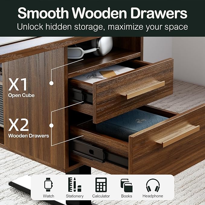 Electric Standing Desk with 4 Drawers 47.2 x 23.6 Inch Height Adjustable Whole Piece Sit Stand Desk Computer Home Office Workstation with Open Storage Shelf Black Walnut
