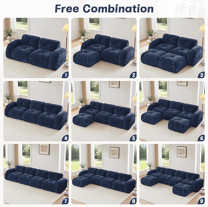 Boneless Couch Sectional Couches for Living Room 80.3'' Cloud U Shape Couch with Deep Seat Comfy Soft Velvet Modular Sectional Sofa with Ottomans Modern 2-Seater Boneless Sleeper Sofa Blue