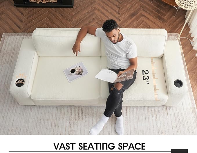AMERLIFE Bouclé Sofa Chair Modern Comfy Couch with Cup Holders &amp USB Charging Ports for Living Room Off-White Upholstered Couch