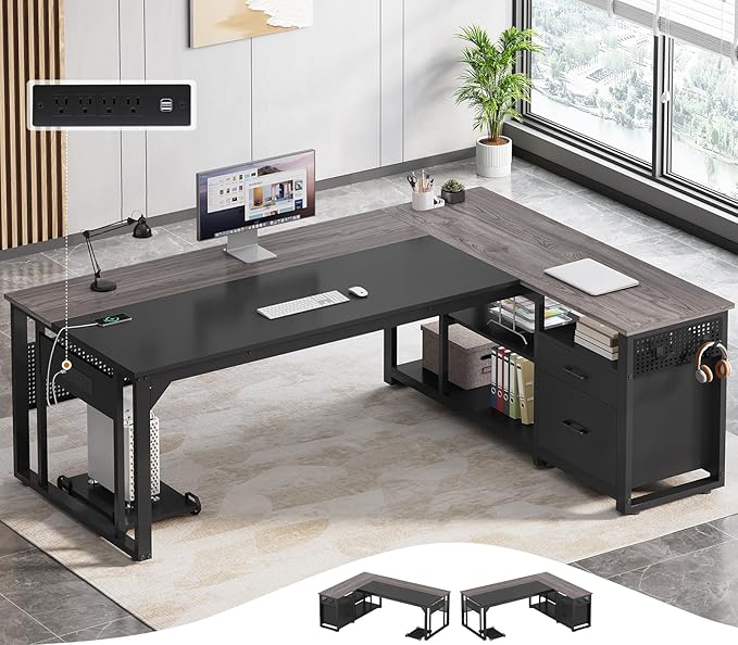 71 in Executive Desk with Power Outlets Reversible L Shaped Computer Desk with File Drawers &amp Storage Shelves Large Office Desk with Pegboard Mobile CPU Stand Modern Corner Desk (Grey)