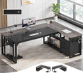 71 in Executive Desk with Power Outlets Reversible L Shaped Computer Desk with File Drawers &amp Storage Shelves Large Office Desk with Pegboard Mobile CPU Stand Modern Corner Desk (Grey)
