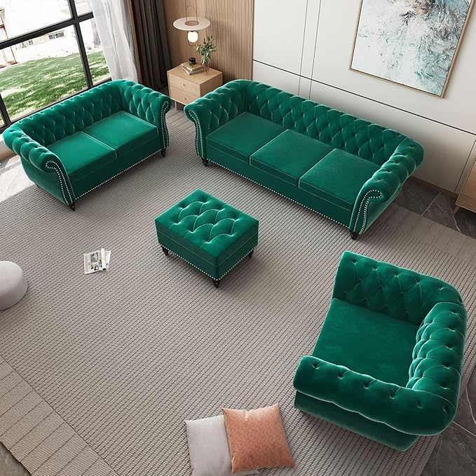 AVZEAR 3 seat Sofa Velvet Sofa Living Room Sofa Large Sofa Modern Chesterfield Fabric Modern 3 Seater Couch Furniture Classic Tufted Chesterfield Settee Sofa Green