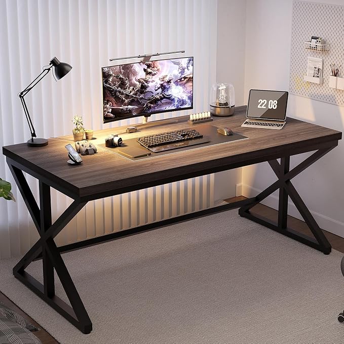 IBF 60 Inch Long Office Desk Modern Metal Wooden Grey Writing Study Computer Desk for Bedroom Farmhouse Big Simple Home Office Desks Executive Work Pc Table for Student Dark Gray Oak