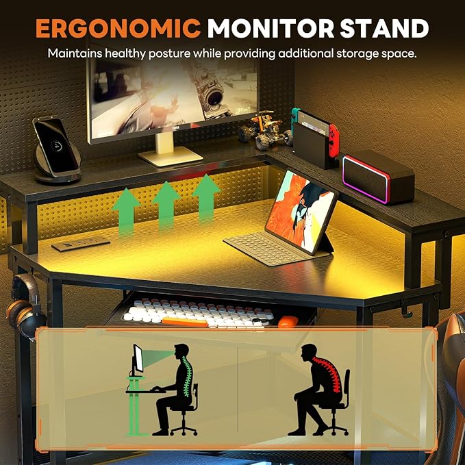 DUMOS Conner Desk Home Office Computer Desk for Small Space with LED Lights Gaming Table with Storage Shelves Power Outlets Monitor Stand Keyboard Tray for Bedroom Black