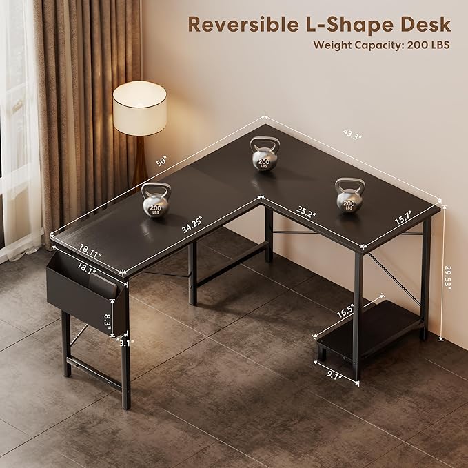 YSSOA 50 L Shaped Gaming Desk with Reversible Corner - Home Office Computer Desk with Wood Top Metal Frame CPU Stand &amp Storage Bag for Small Space Gaming Room Black